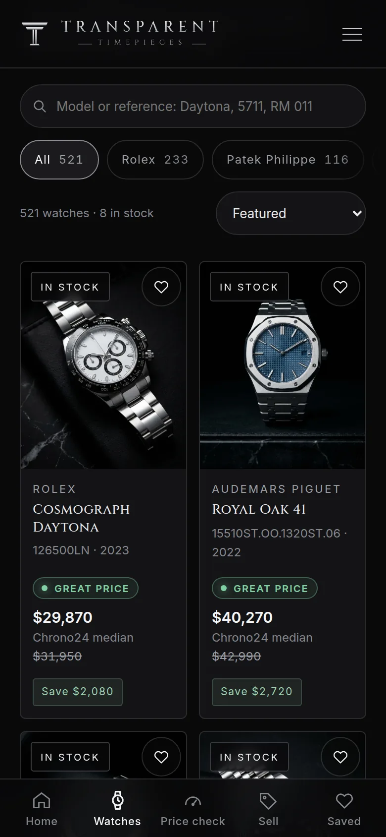 The Transparent Timepieces app on a phone: the collection, with our price beside the typical market ask on every watch
