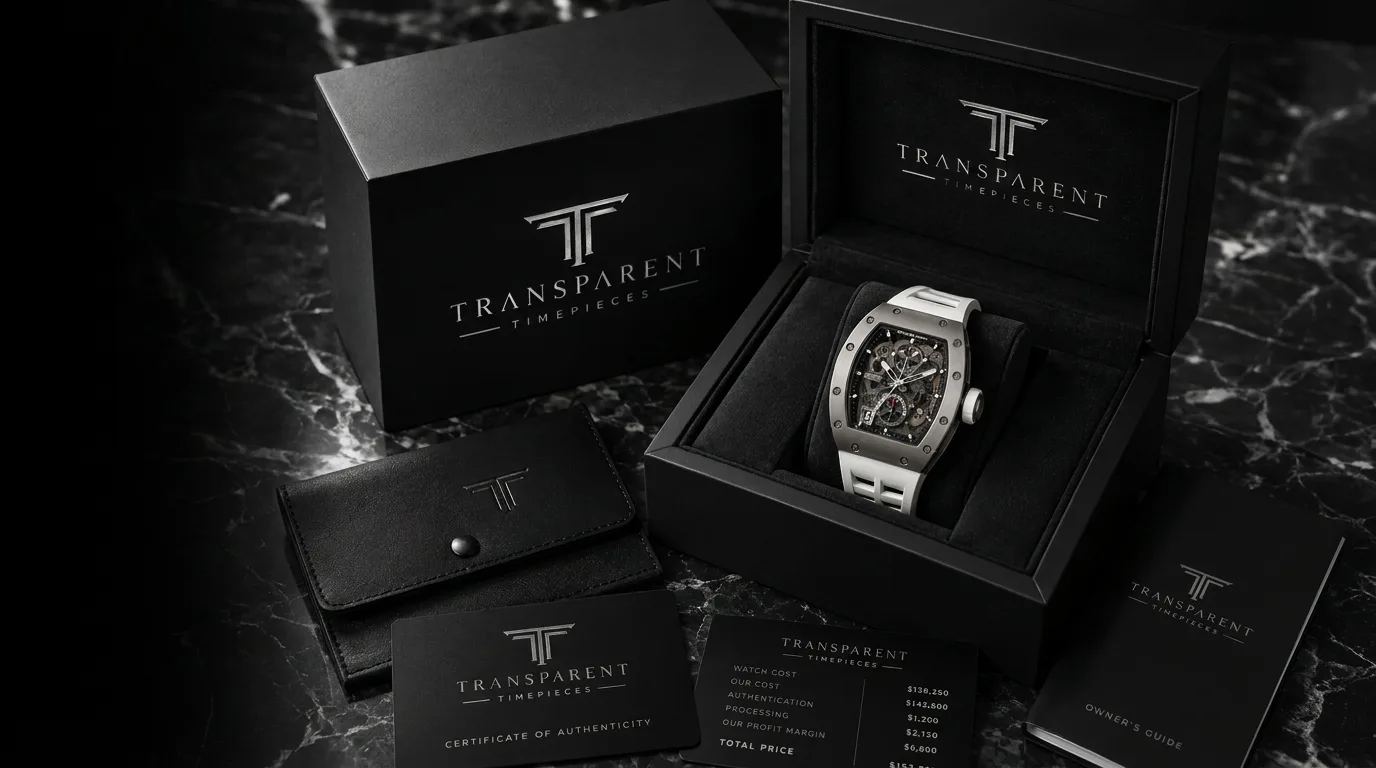 Transparent Timepieces presentation box, certificate and itemized price card